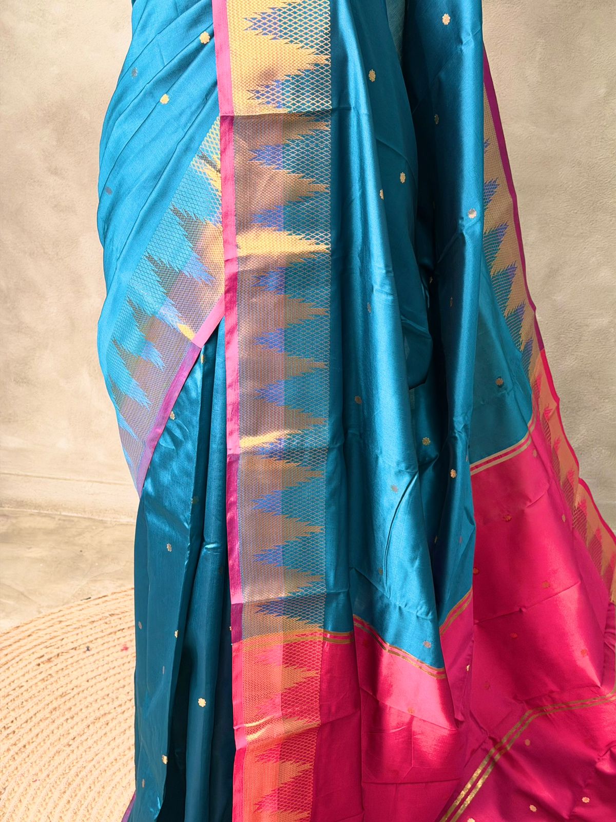 Peacock Blue and magenta semi kanchipuram soft silk saree - PSSN161