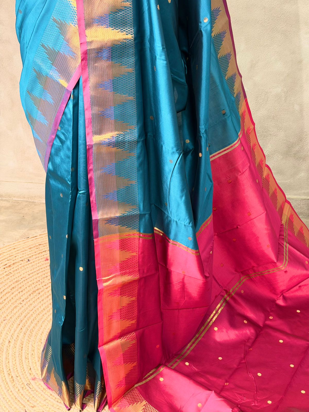 Peacock Blue and magenta semi kanchipuram soft silk saree - PSSN161