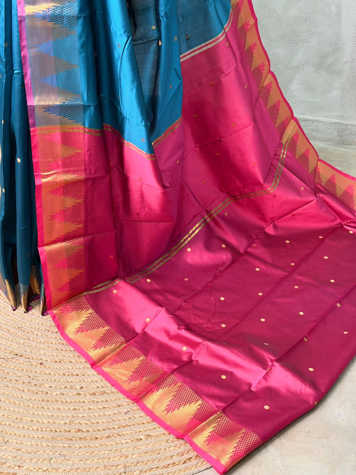 Peacock Blue and magenta semi kanchipuram soft silk saree - PSSN161