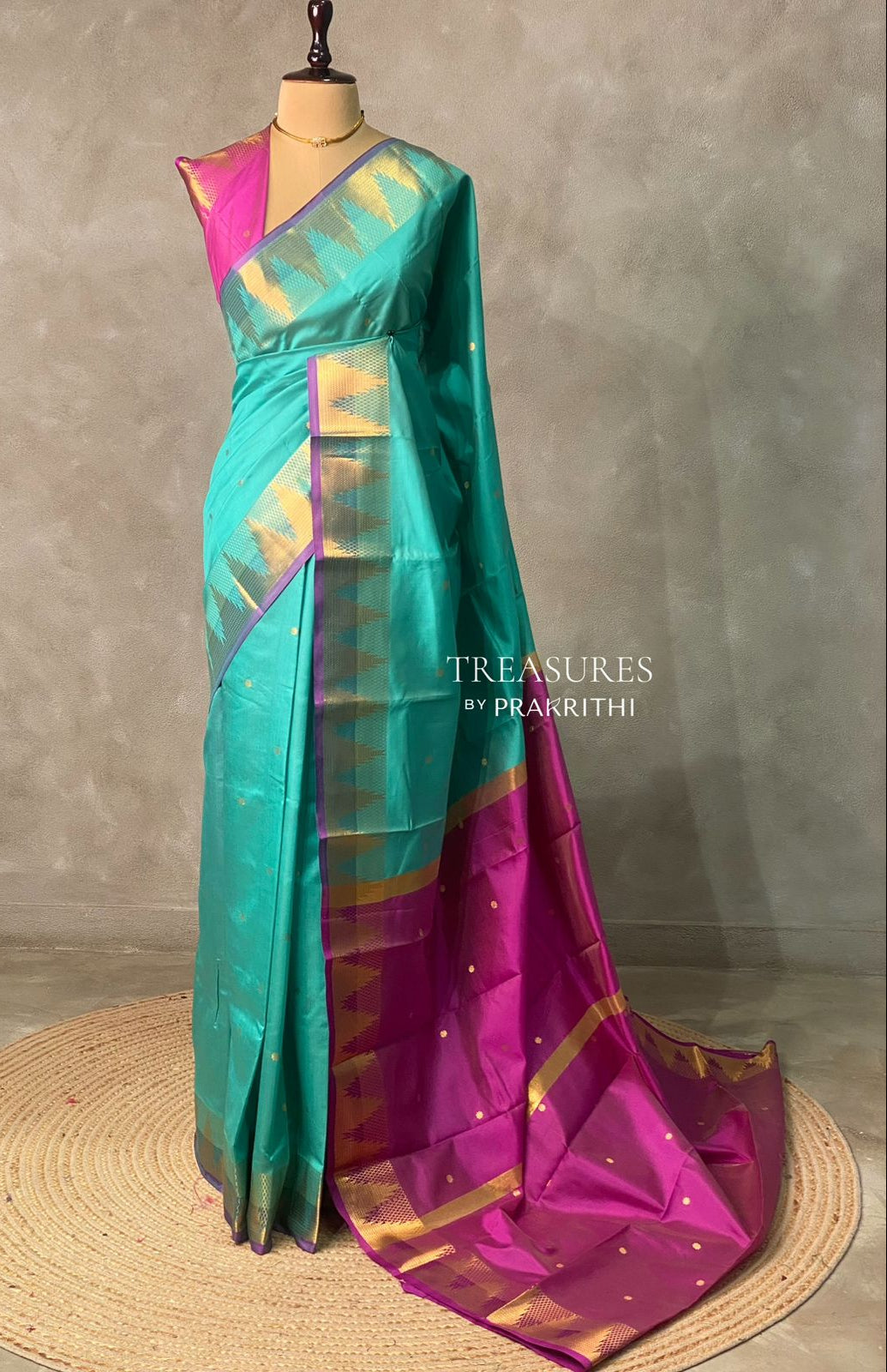 Aqua Blue and magenta semi kanchipuram soft silk saree - PSSN163