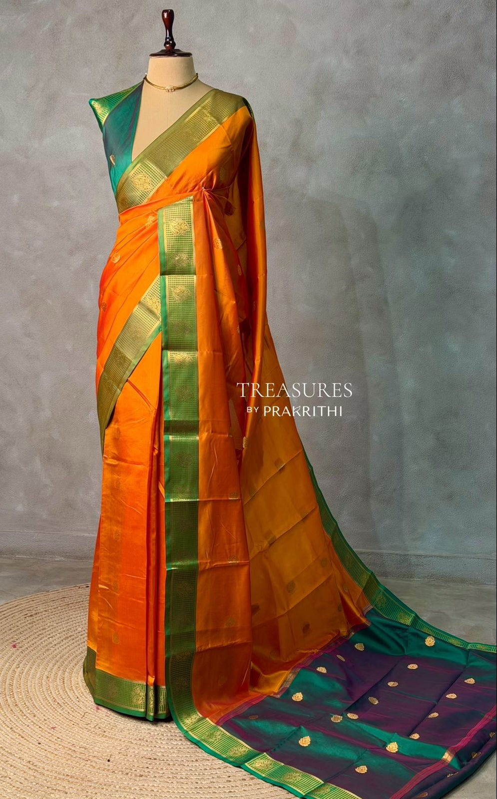 Mustard yellow and Green semi kanchipuram soft silk saree - PSSN170