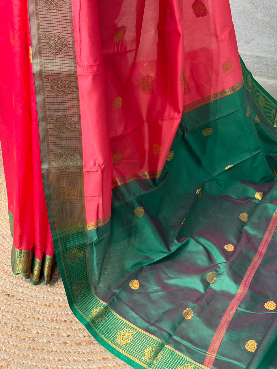 Dark peach and Green semi kanchipuram soft silk saree - PSSN175