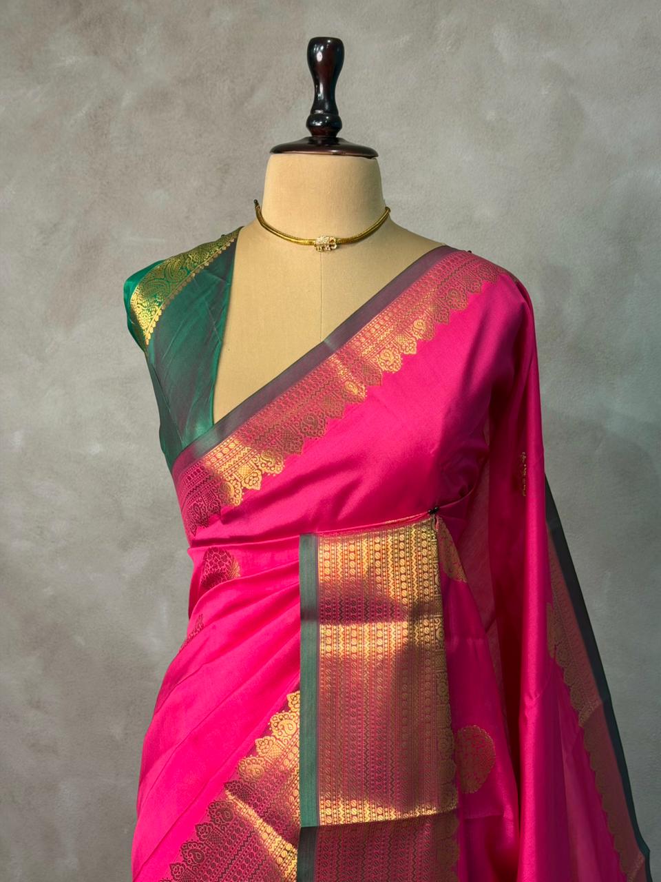 Rani Pink Green semi kanchipuram soft silk saree - PSSN180