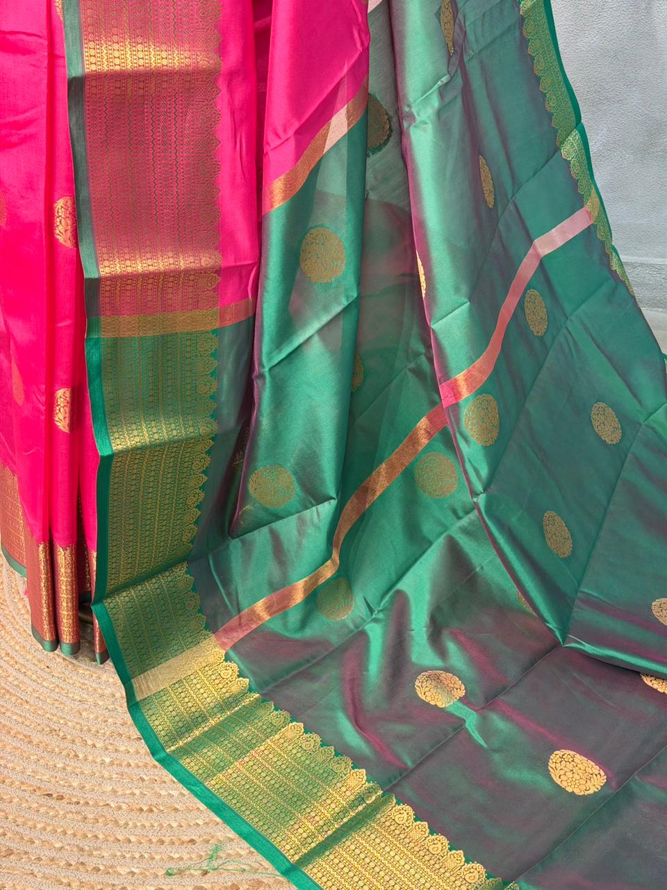 Rani Pink Green semi kanchipuram soft silk saree - PSSN180