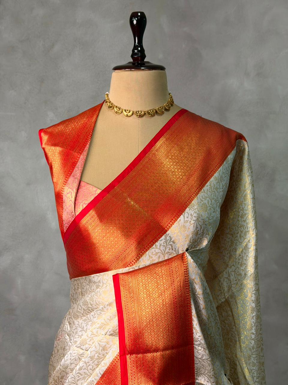 Offwhite and Red Brocade Banarasi silk saree -MPS43