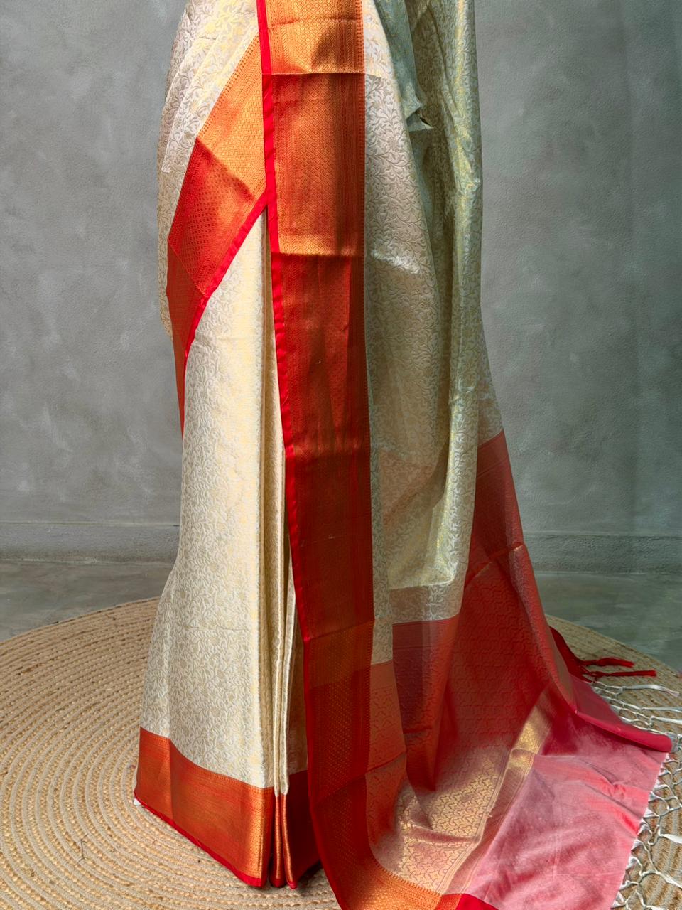 Offwhite and Red Brocade Banarasi silk saree -MPS43