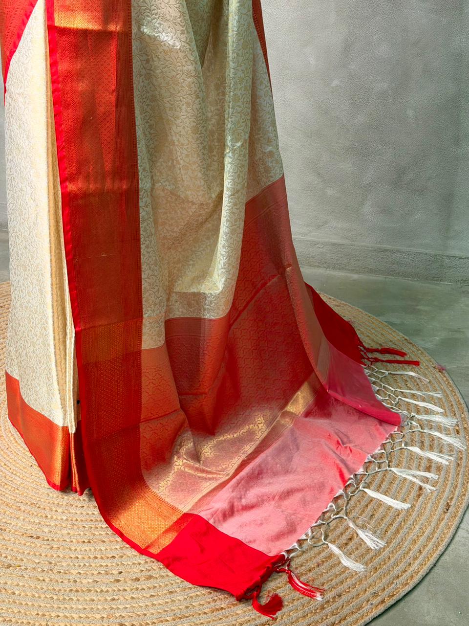 Offwhite and Red Brocade Banarasi silk saree -MPS43
