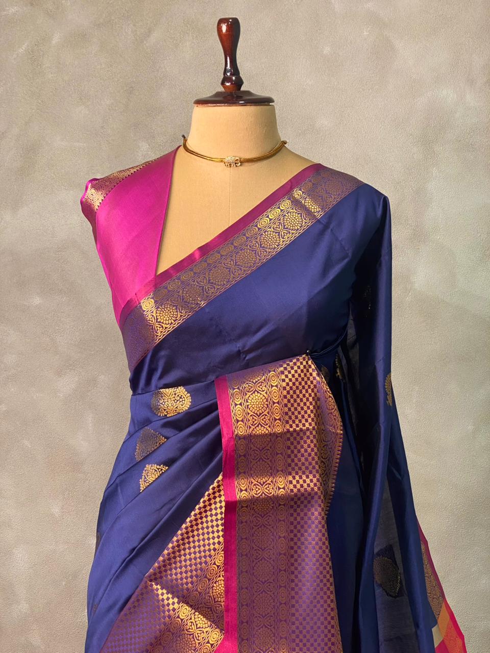 Navy Blue and Magenta semi kanchipuram soft silk saree - PSSN185