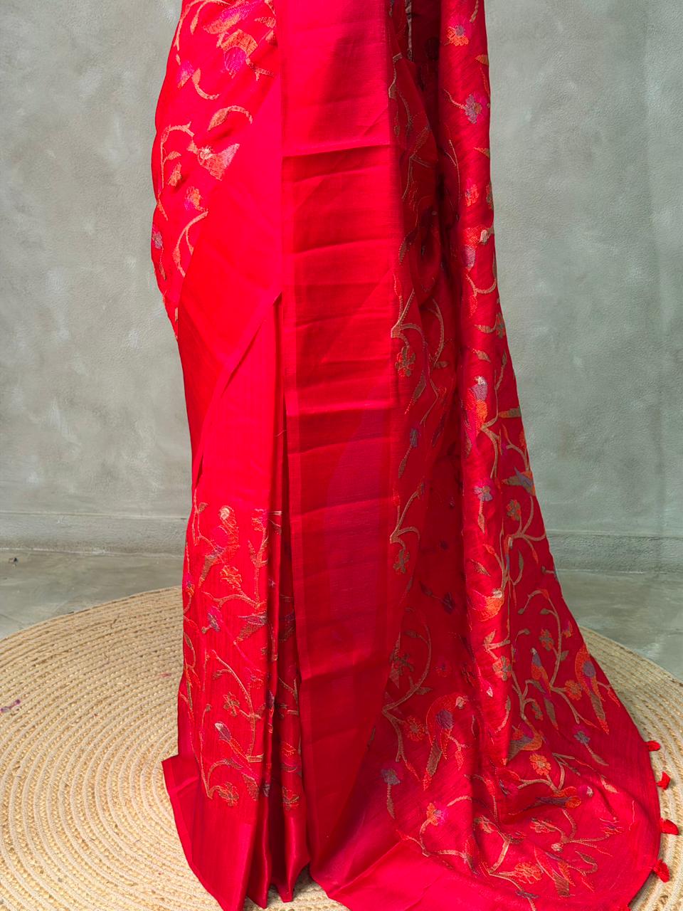 Red Green jute silk saree- PBR1A