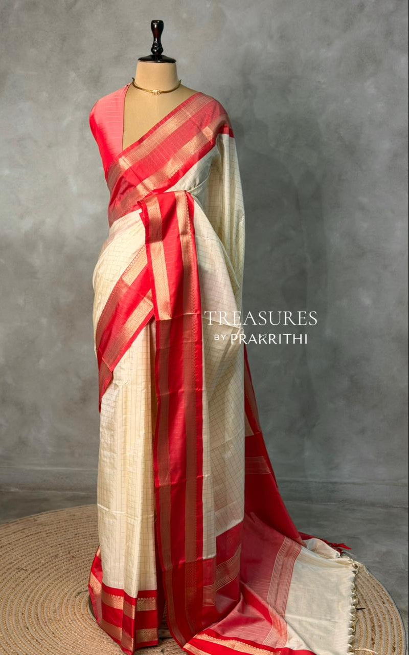 sandal and Red Banarasi silk saree -MPS46