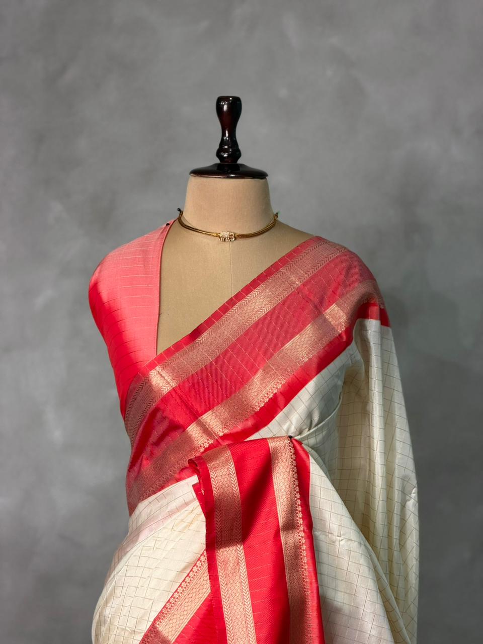 sandal and Red Banarasi silk saree -MPS46