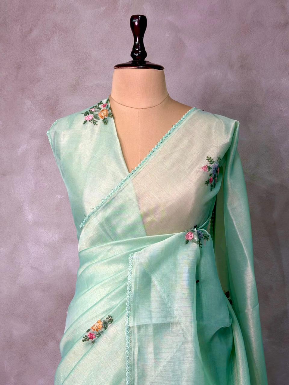 Pastal green Tissue Organza Silk saree- PBR2D