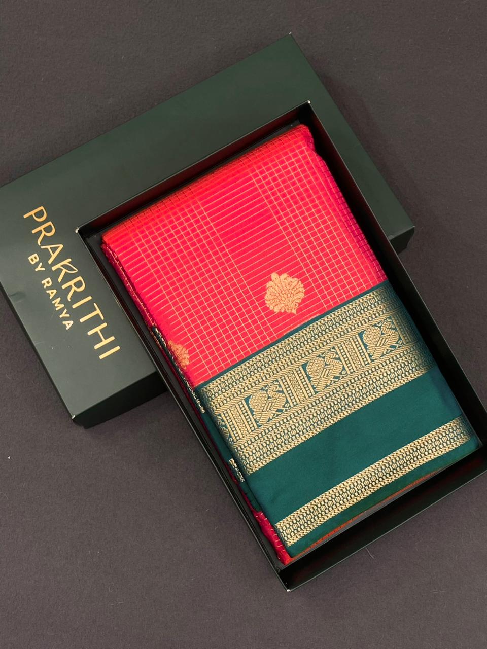 Dark peach and Green kanchipuram silk saree- PSSR328