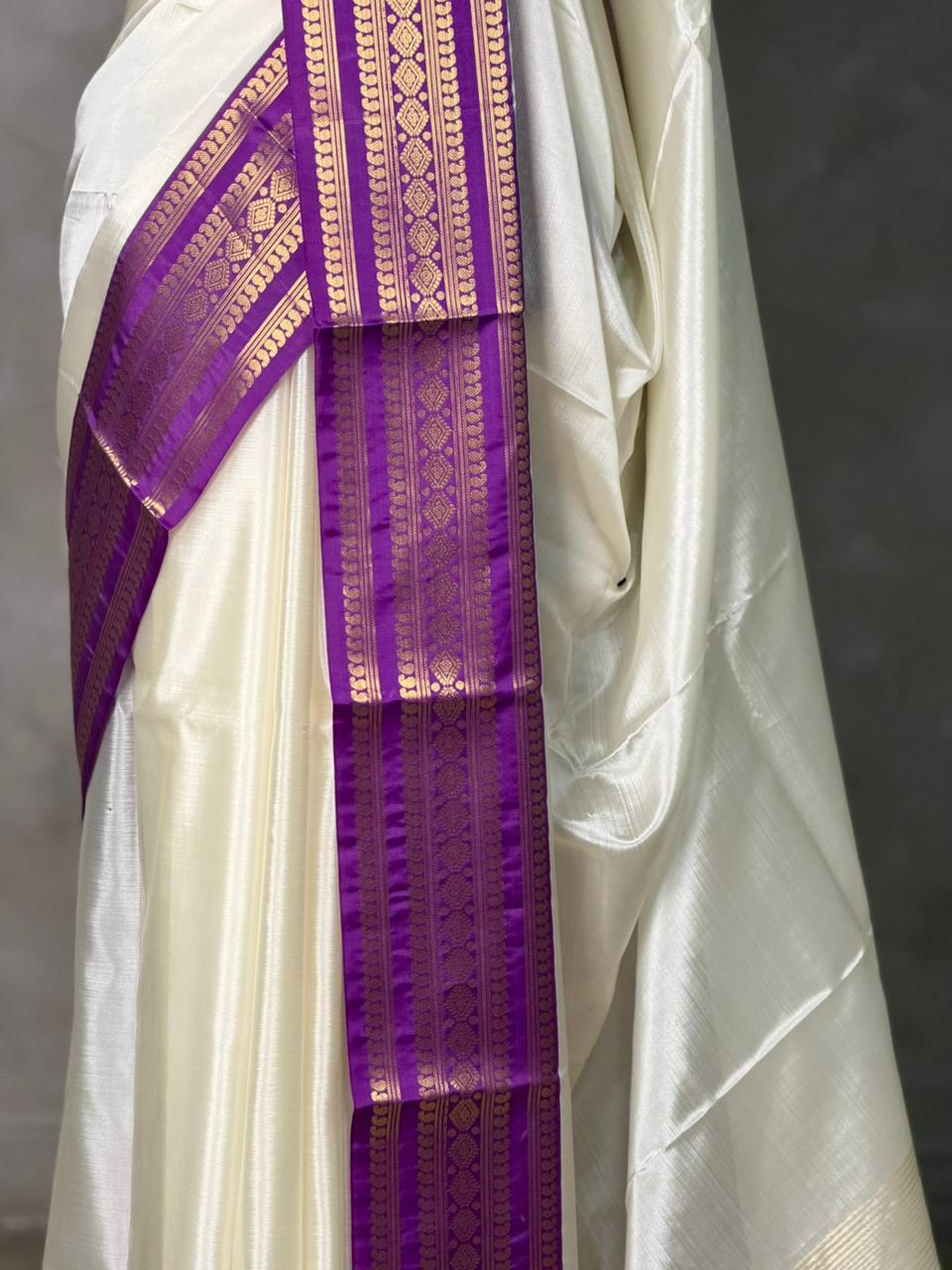 Off white and violet Banarasi silk saree -MPS44A