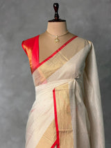 Off white and Red chanderi silk saree - ONAMP1