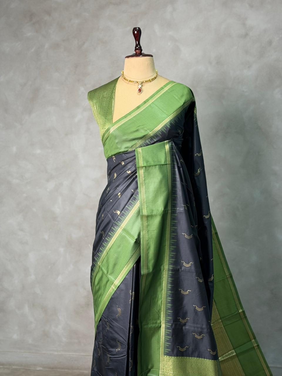 Black and Green silk saree - PBR22A