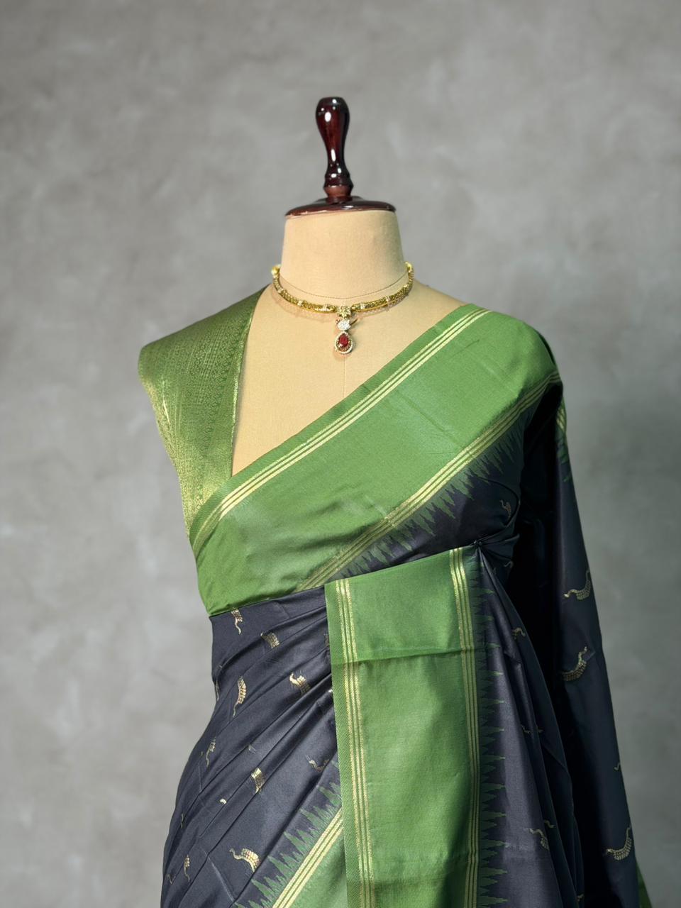 Black and Green silk saree - PBR22A