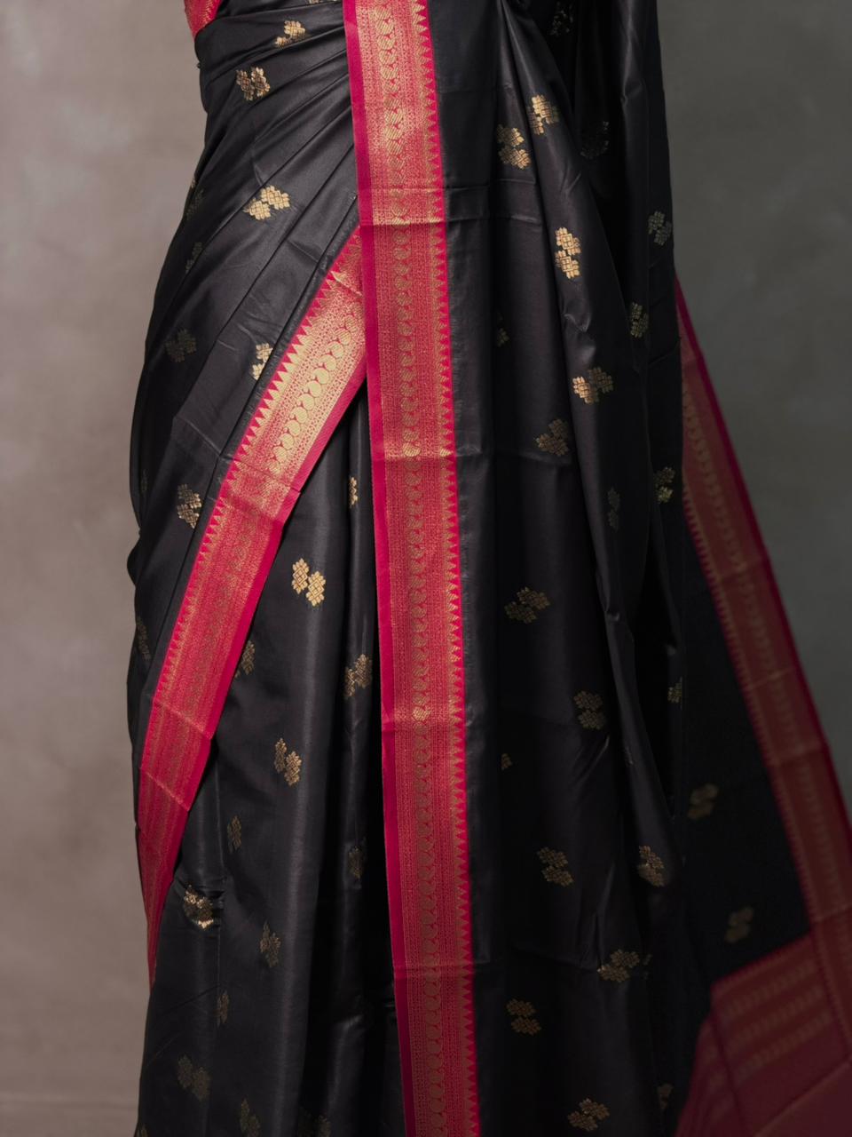 Black and Rani Pink silk saree - PBR23B