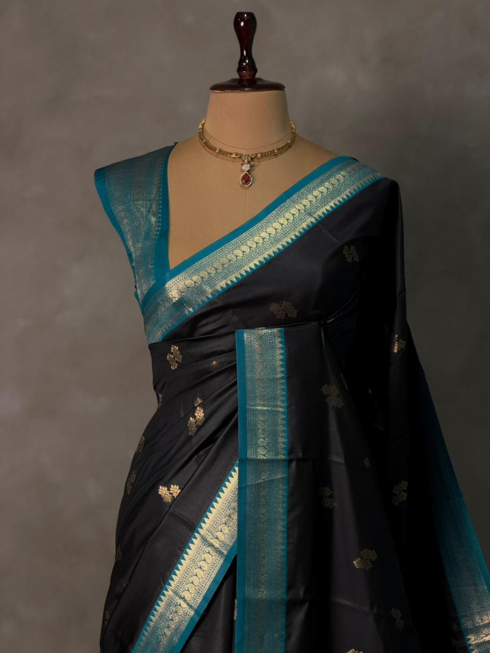 Black and Peacock Blue silk saree - PBR23