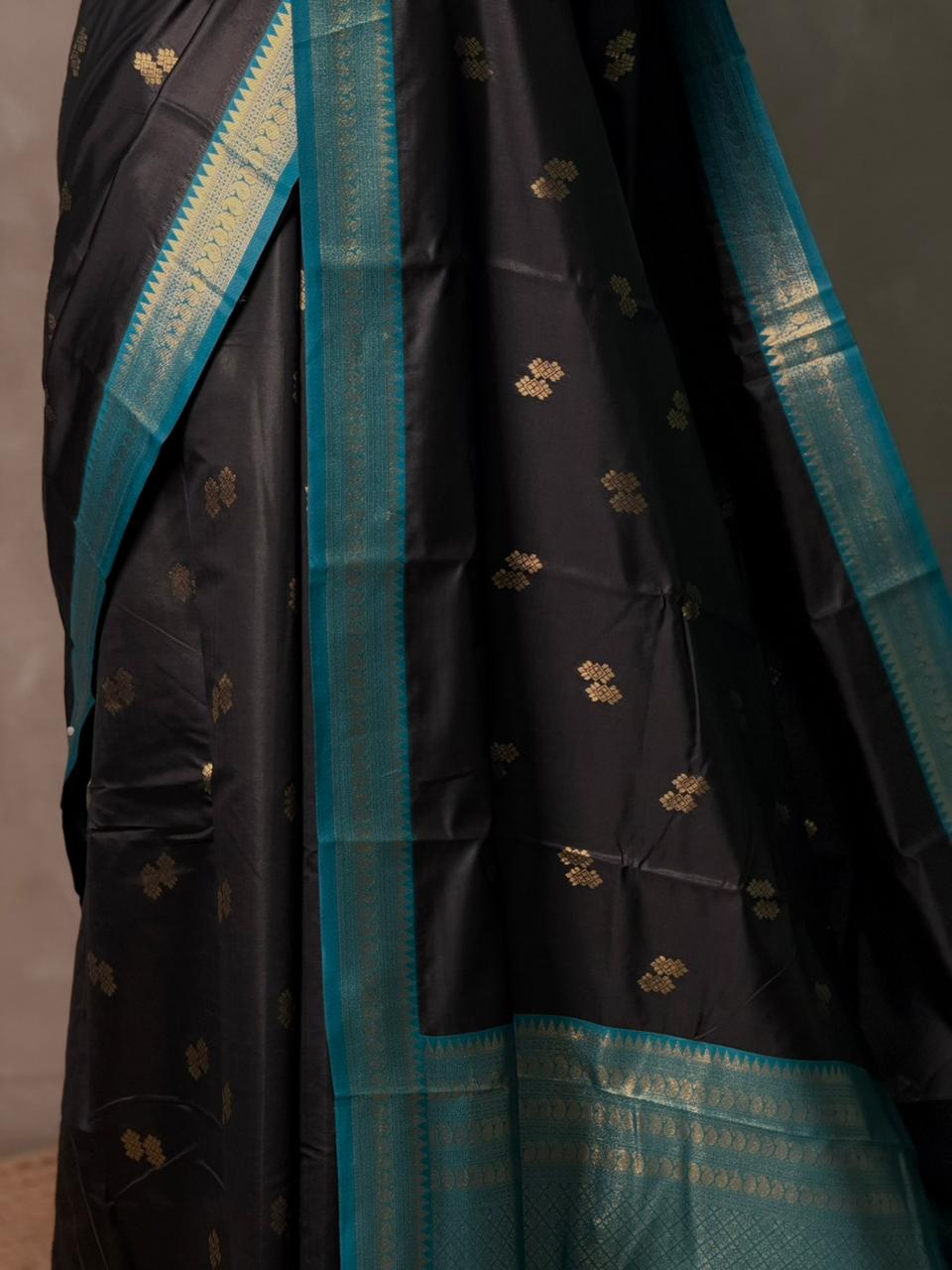 Black and Peacock Blue silk saree - PBR23