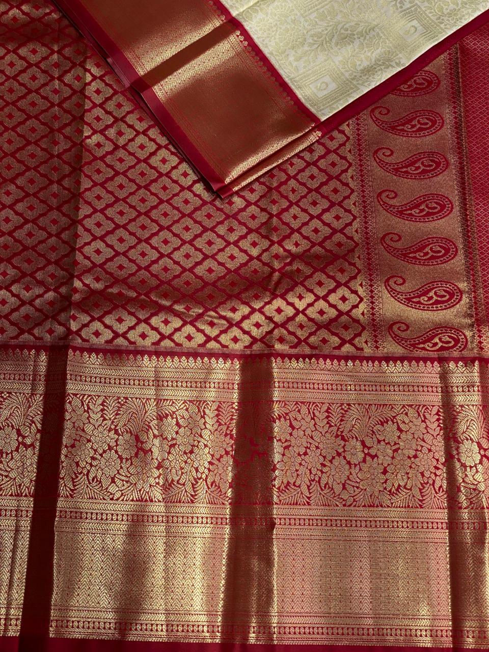 Sandal and maroon red Tissue Kanchipuram saree- PBRIDE44F