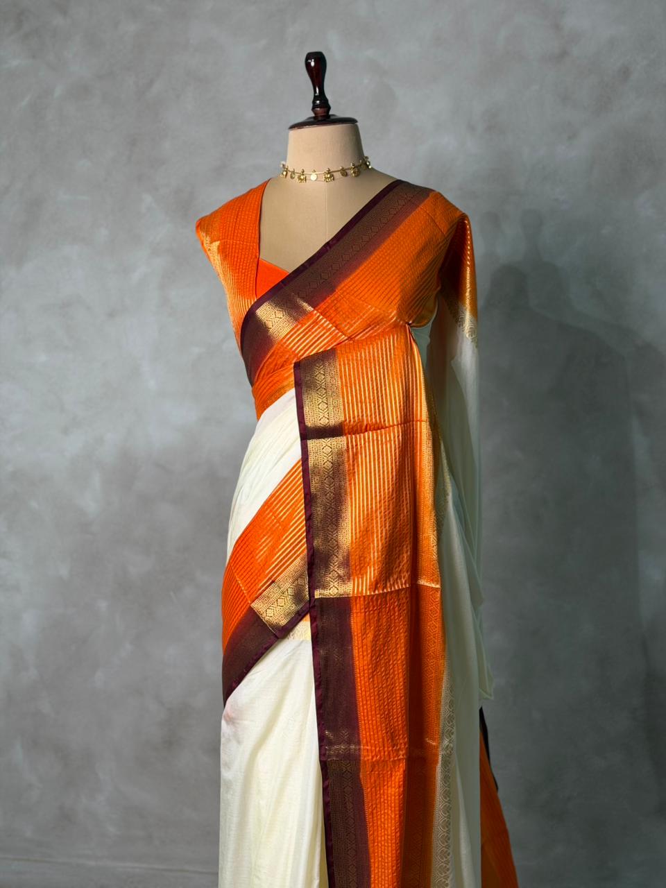 Sandal and orange crepe silk saree- GAL11