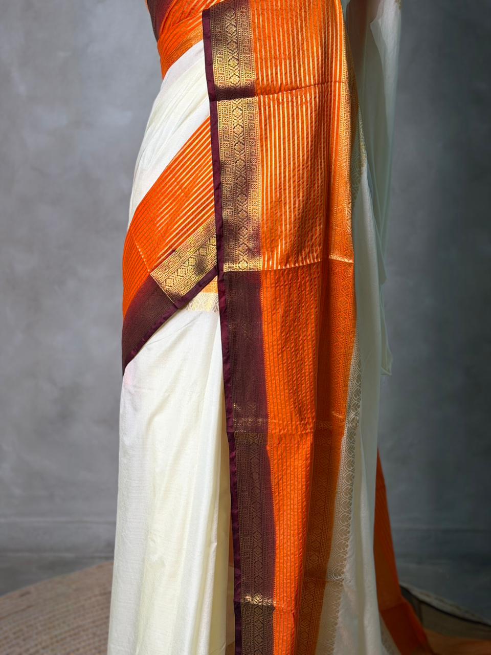 Sandal and orange crepe silk saree- GAL11