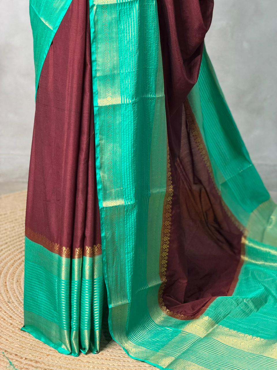 Brown and Aqua green crepe silk saree- GAL11B