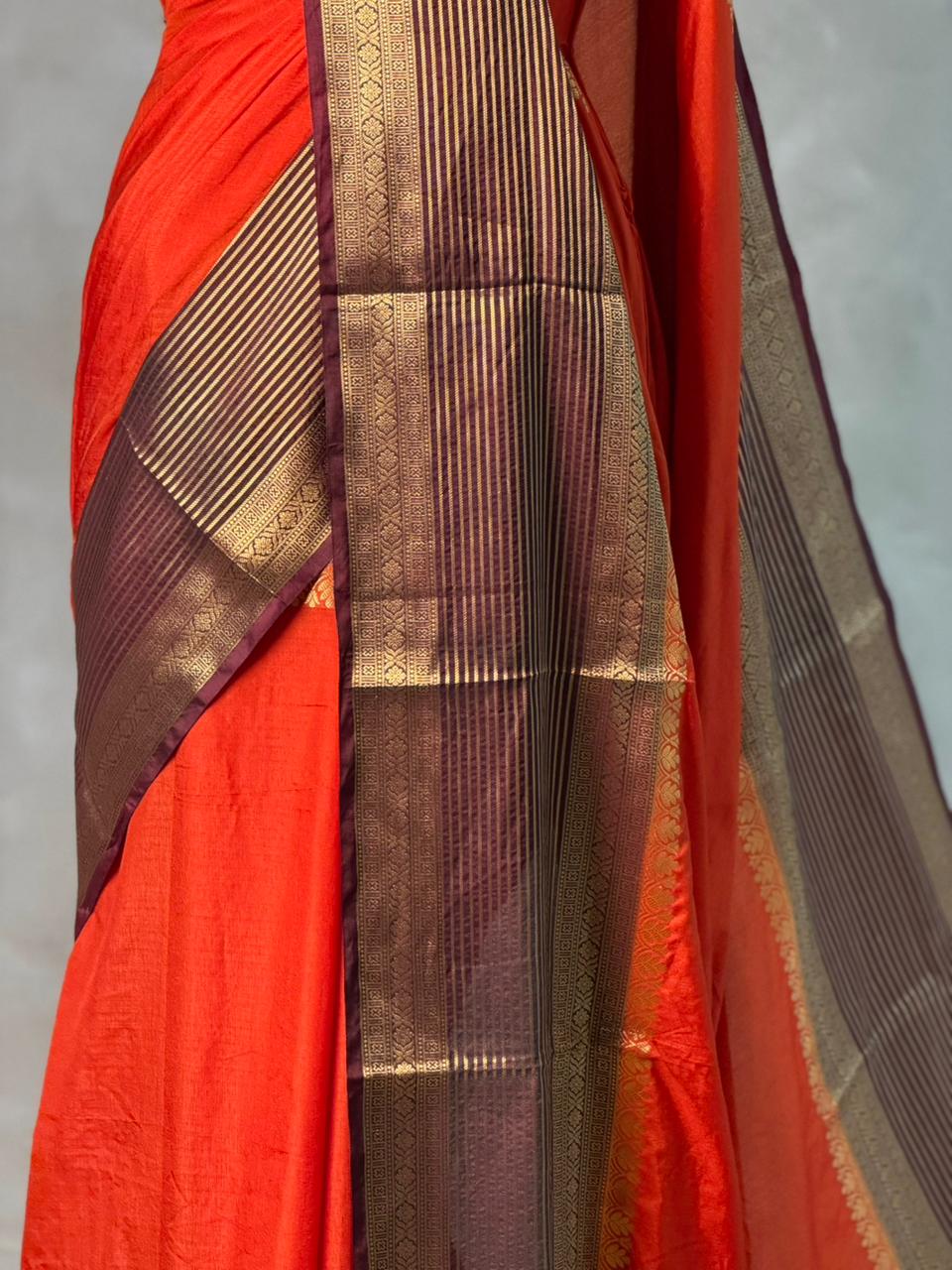 Orange and Brown crepe silk saree- GAL11C