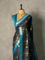 Black and Peacock blue silk saree - PBR24B