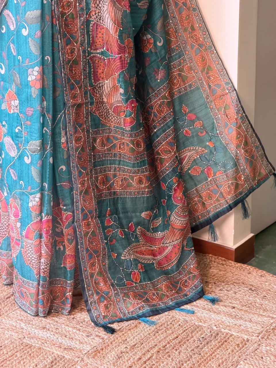 Peacock Green mul chanderi saree- PBR26E