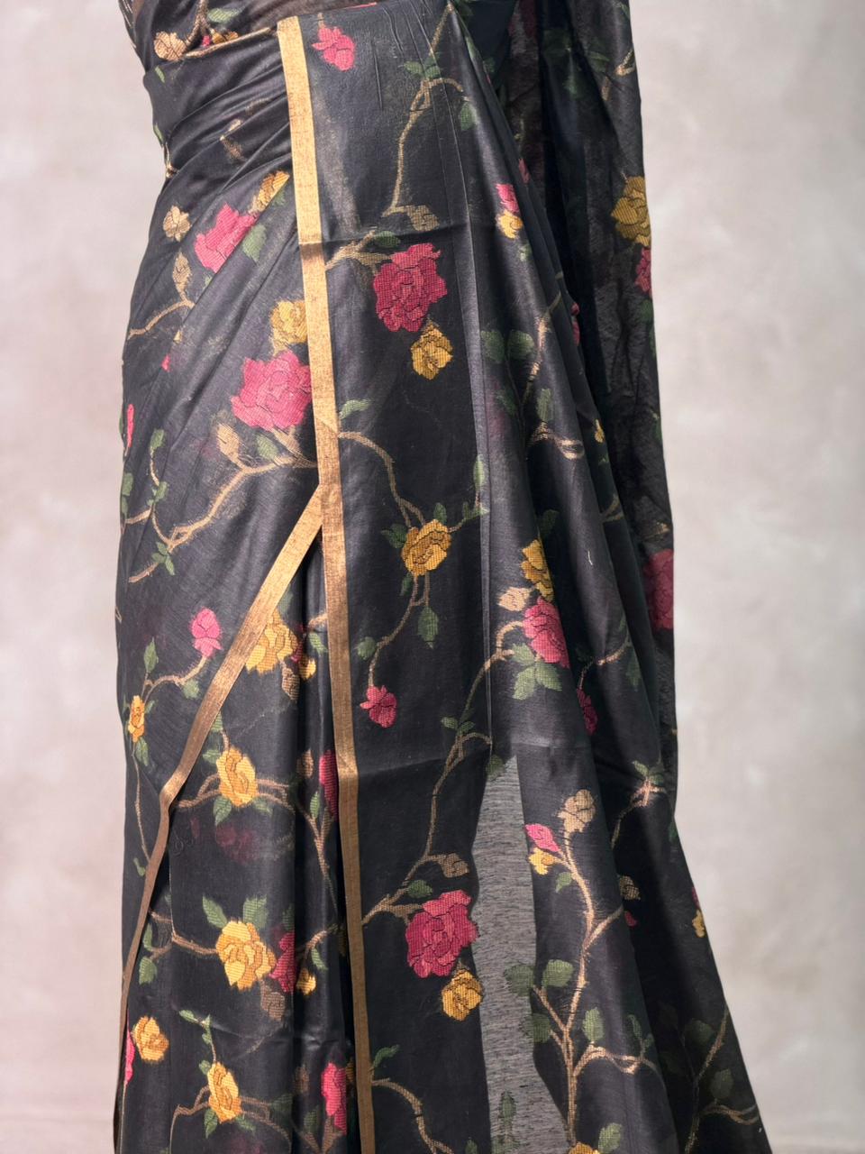 Black Jamdani Silk cotton saree- PBR4N1