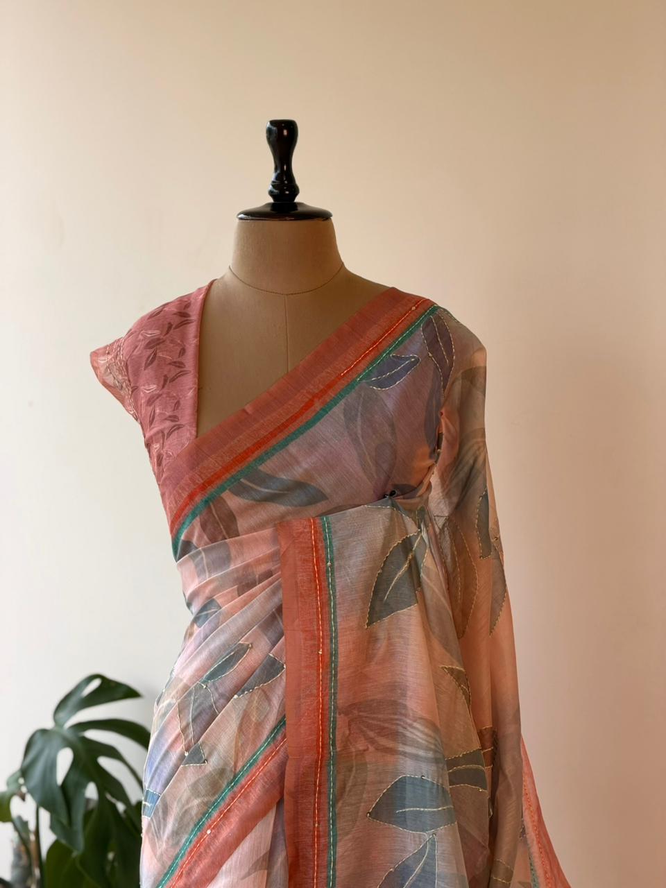 Pastal Peach Pink mul chanderi saree- PBR26I