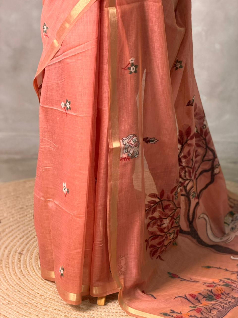 Peach Jamdani Silk cotton saree- PBR27