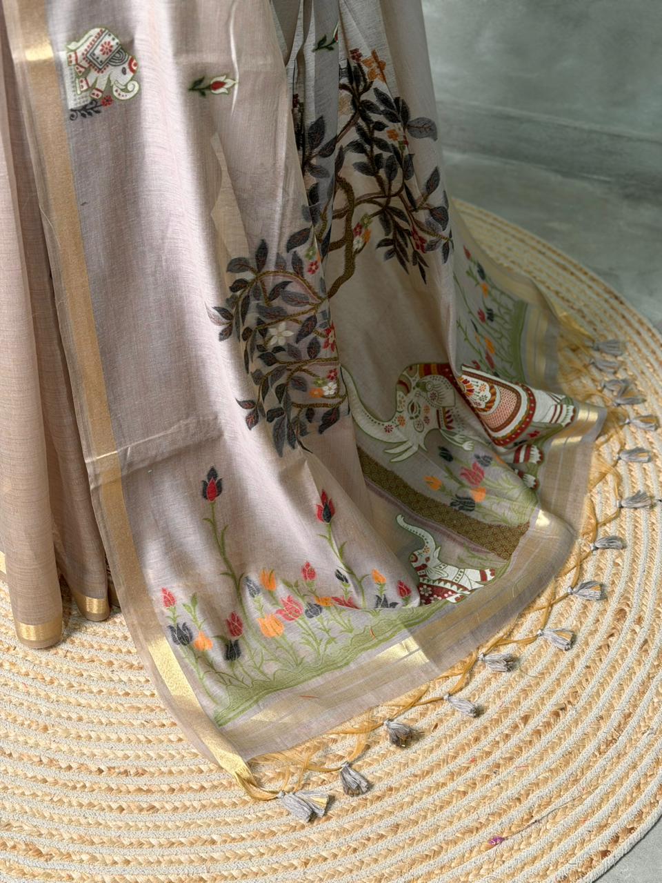 Chicku shade Jamdani Silk cotton saree- PBR27A