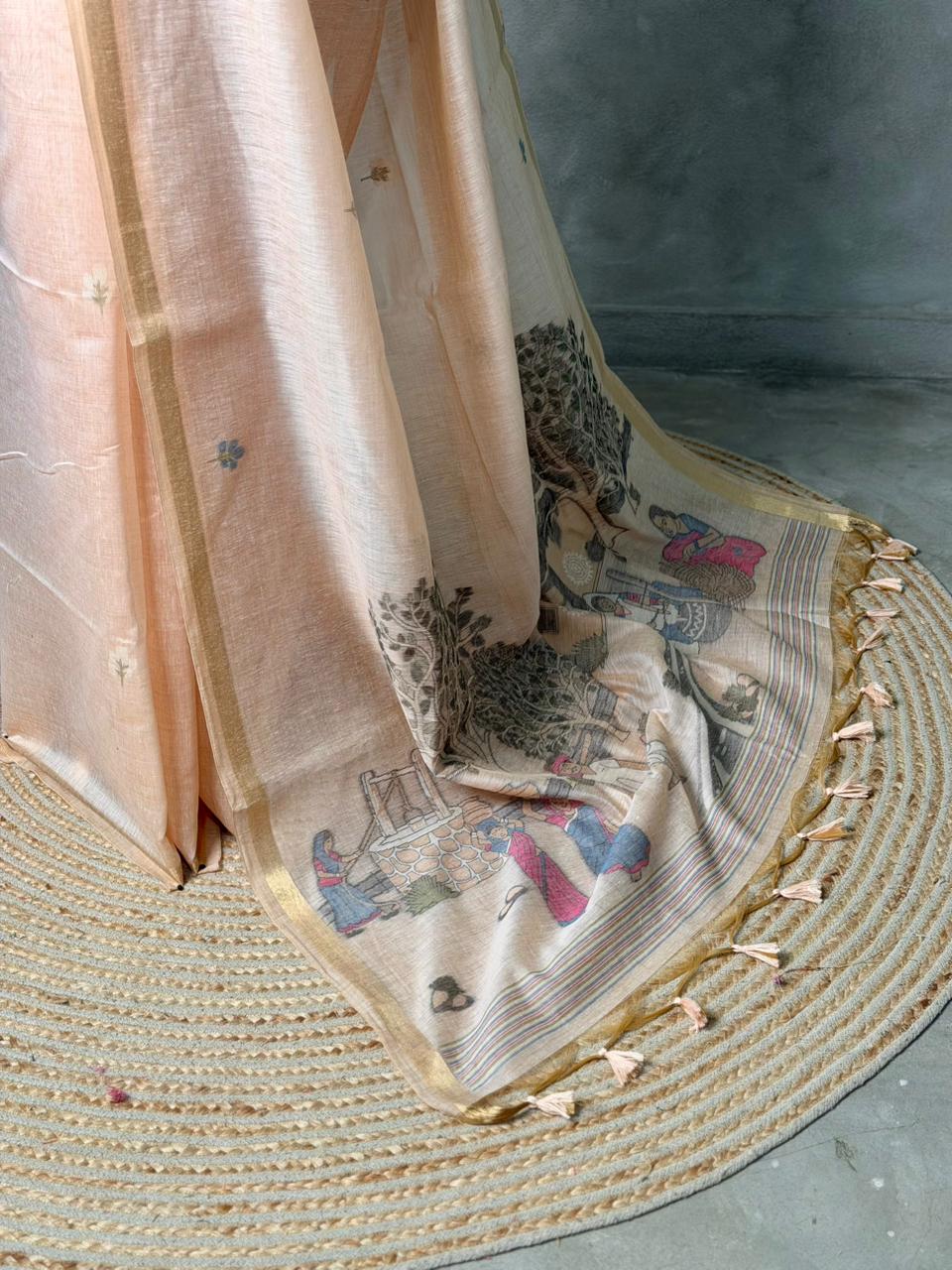 Nude pink Jamdani Silk cotton saree- PBR27B