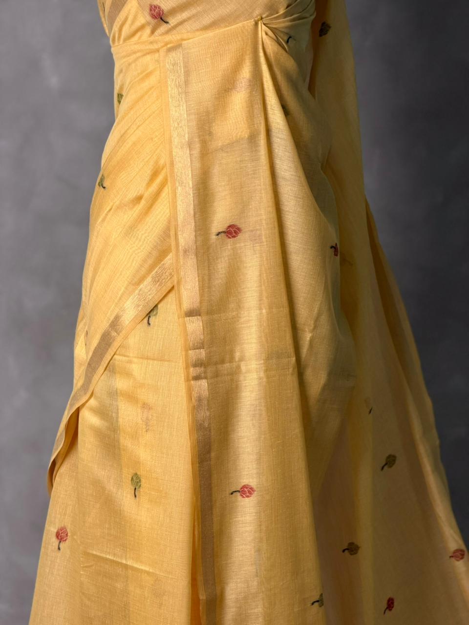 yellow Jamdani Silk cotton saree- PBR27E
