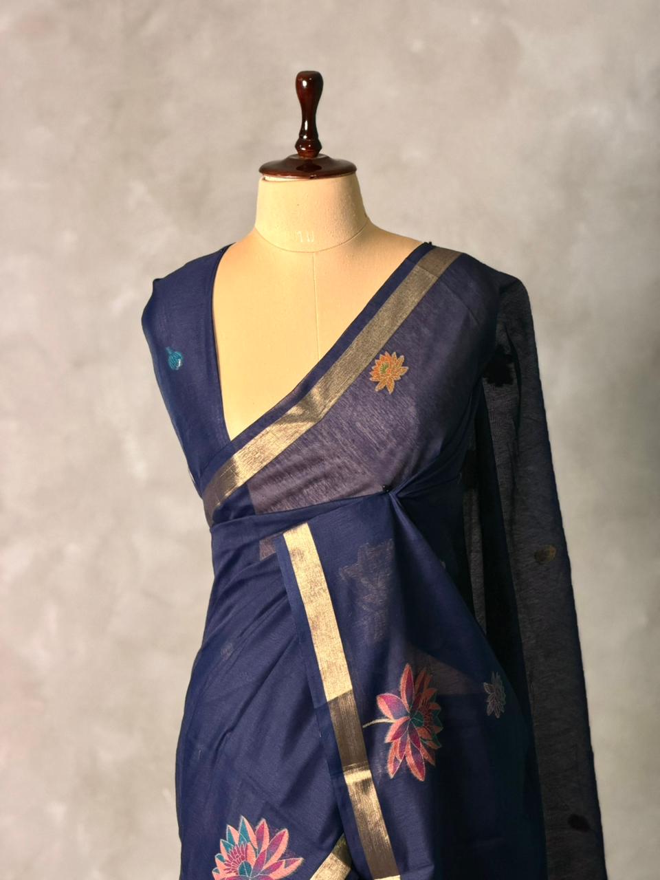 Navy BlueJamdani Silk cotton saree- PBR27G