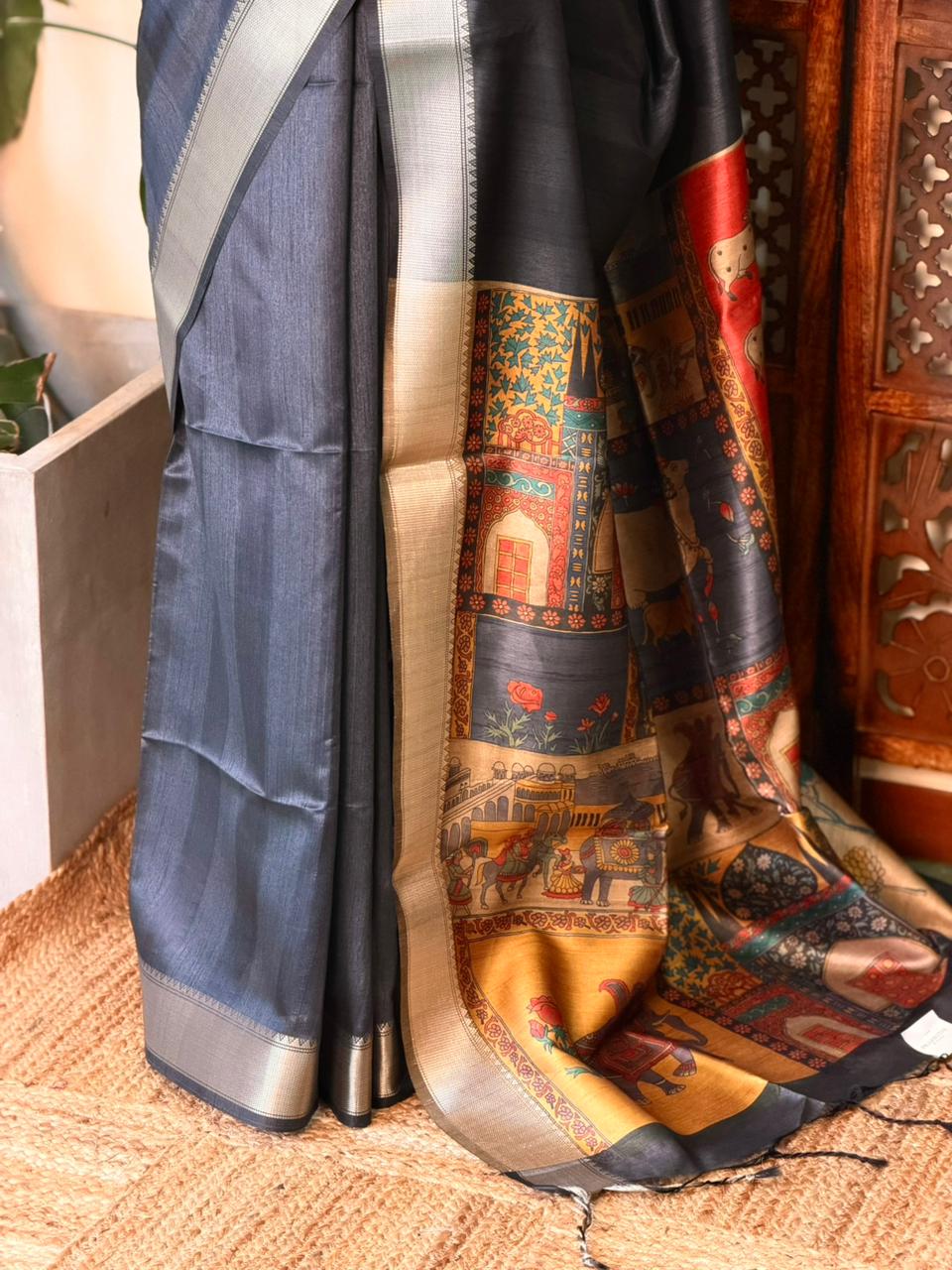 Dark Grey semi tusser saree- PBR28B