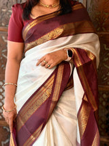 Off white and Deep Purple Banarasi silk saree - ONAM26B