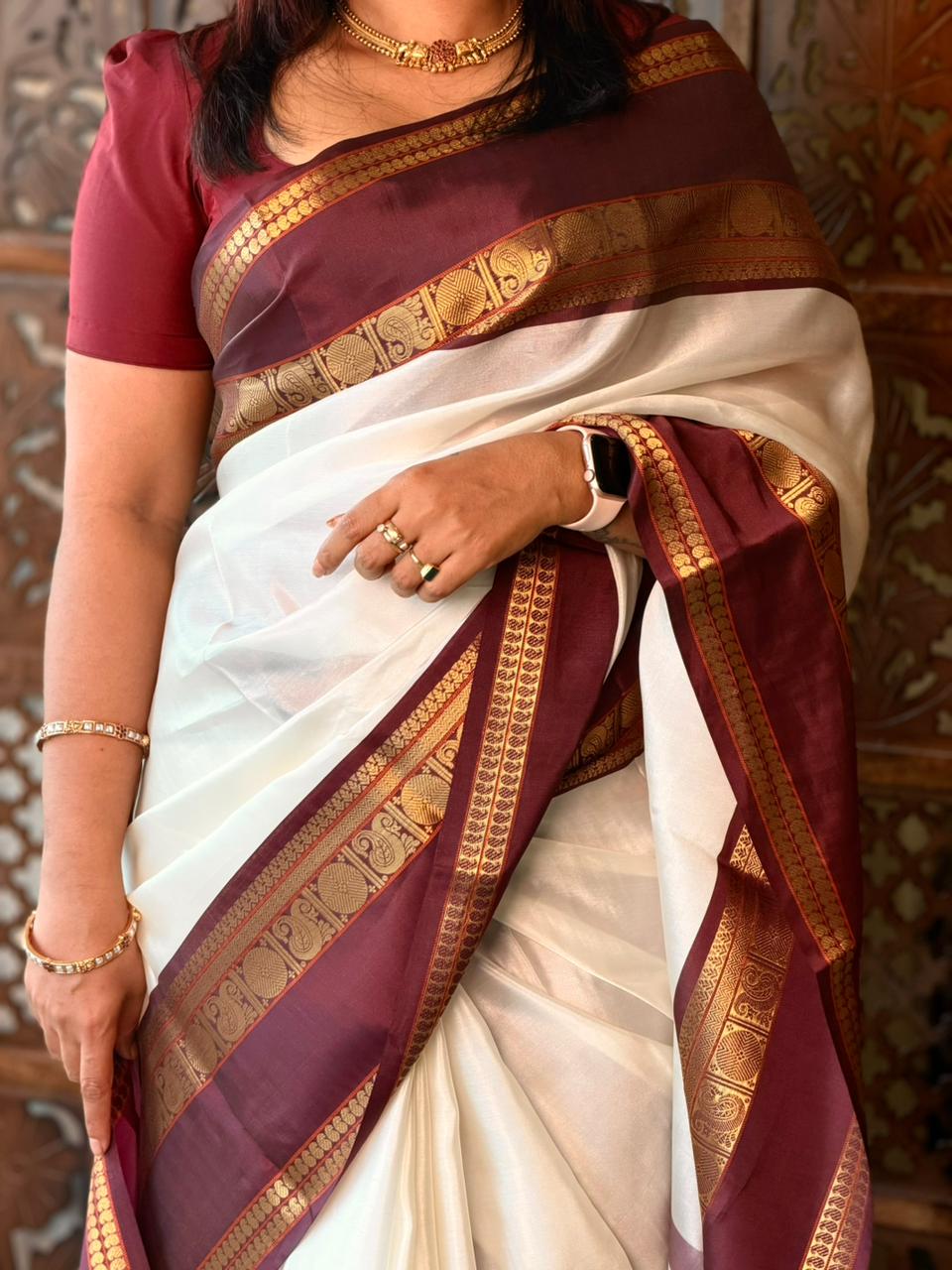 Off white and Deep Purple Banarasi silk saree - ONAM26B