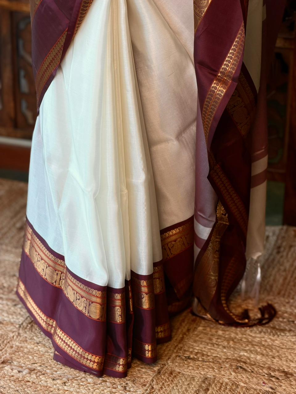 Off white and Deep Purple Banarasi silk saree - ONAM26B