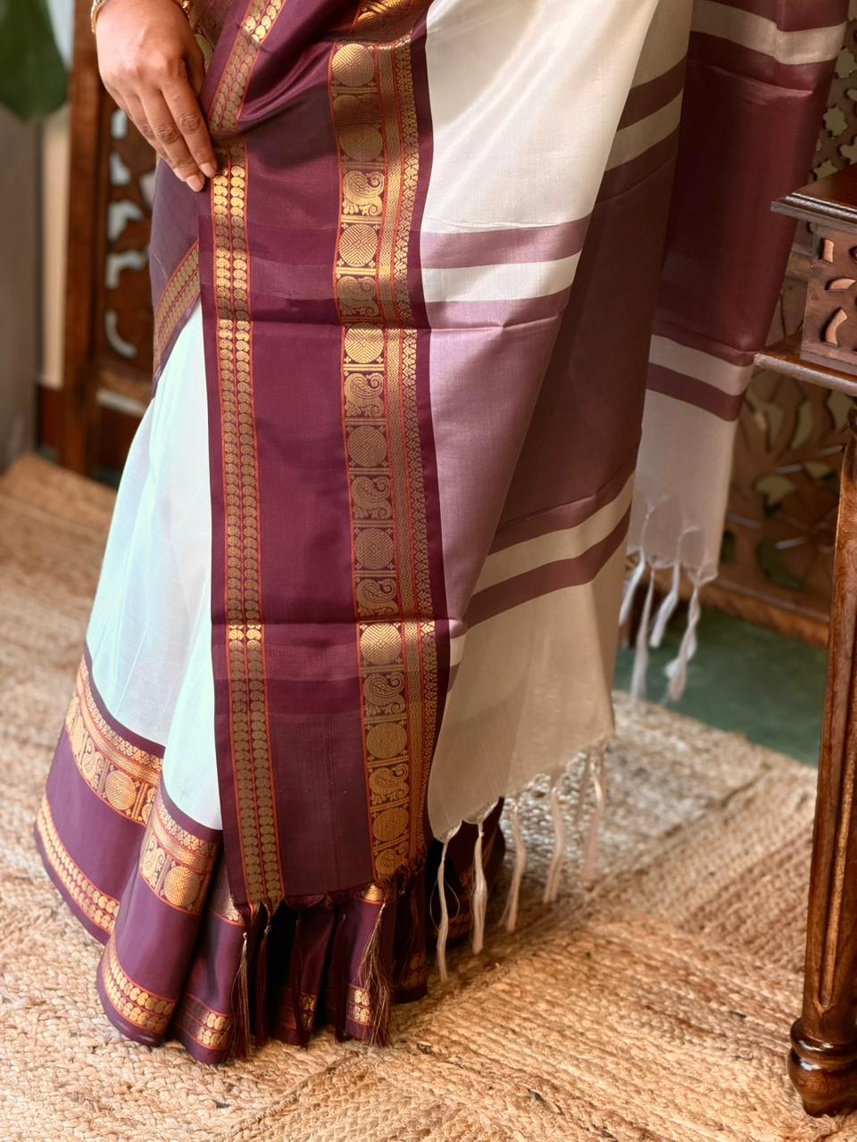 Off white and Deep Purple Banarasi silk saree - ONAM26B