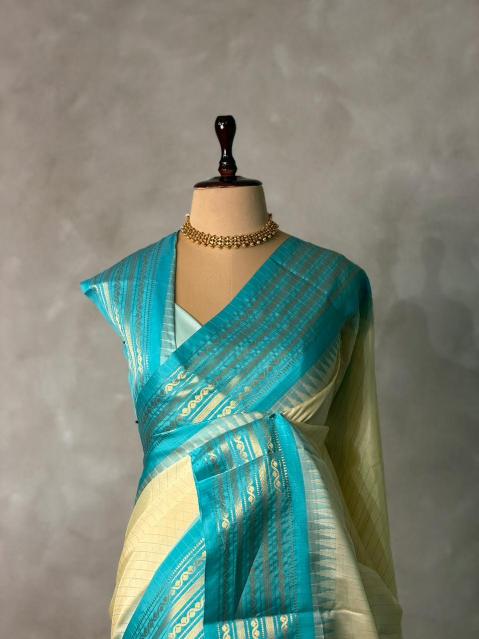 Cream and Blue semi silk saree - PIH88H