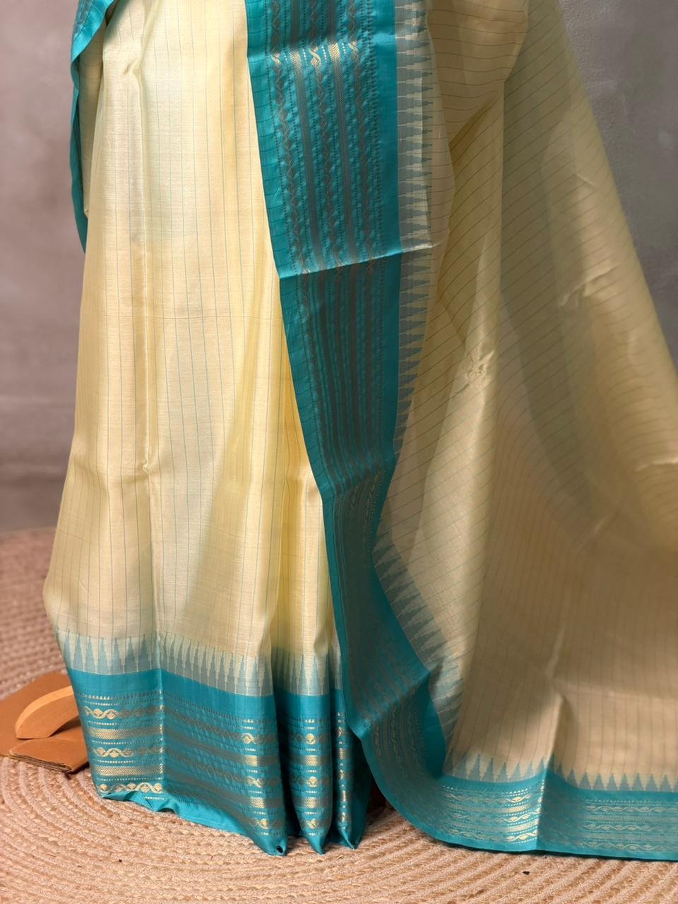 Cream and Blue semi silk saree - PIH88H