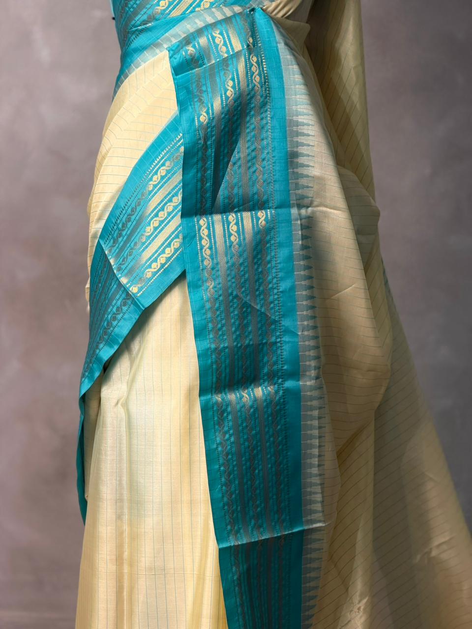 Cream and Blue semi silk saree - PIH88H