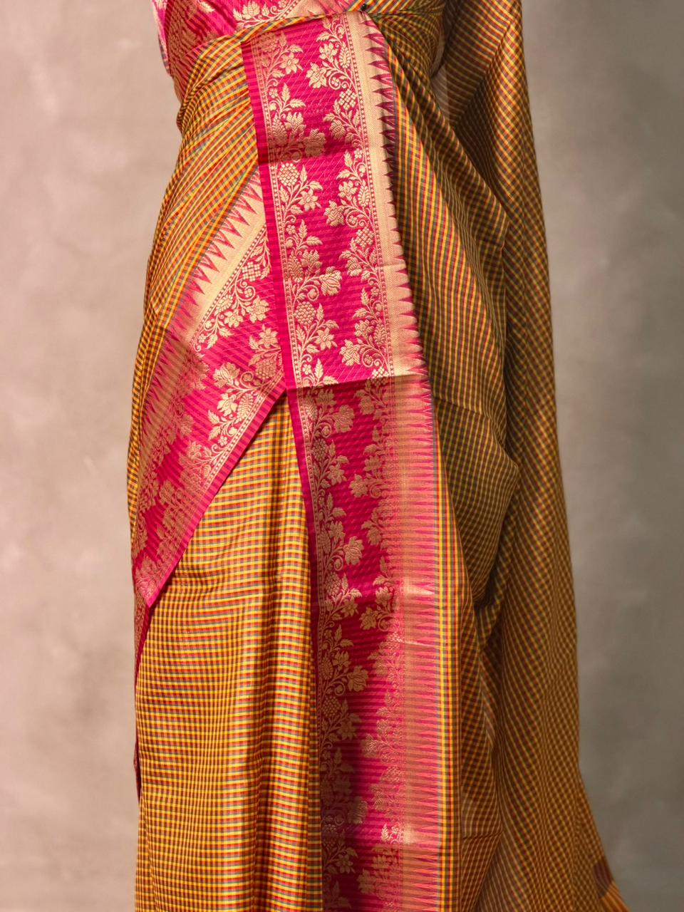 Mustard yellow and Magenta semi silk saree - PFAZ15