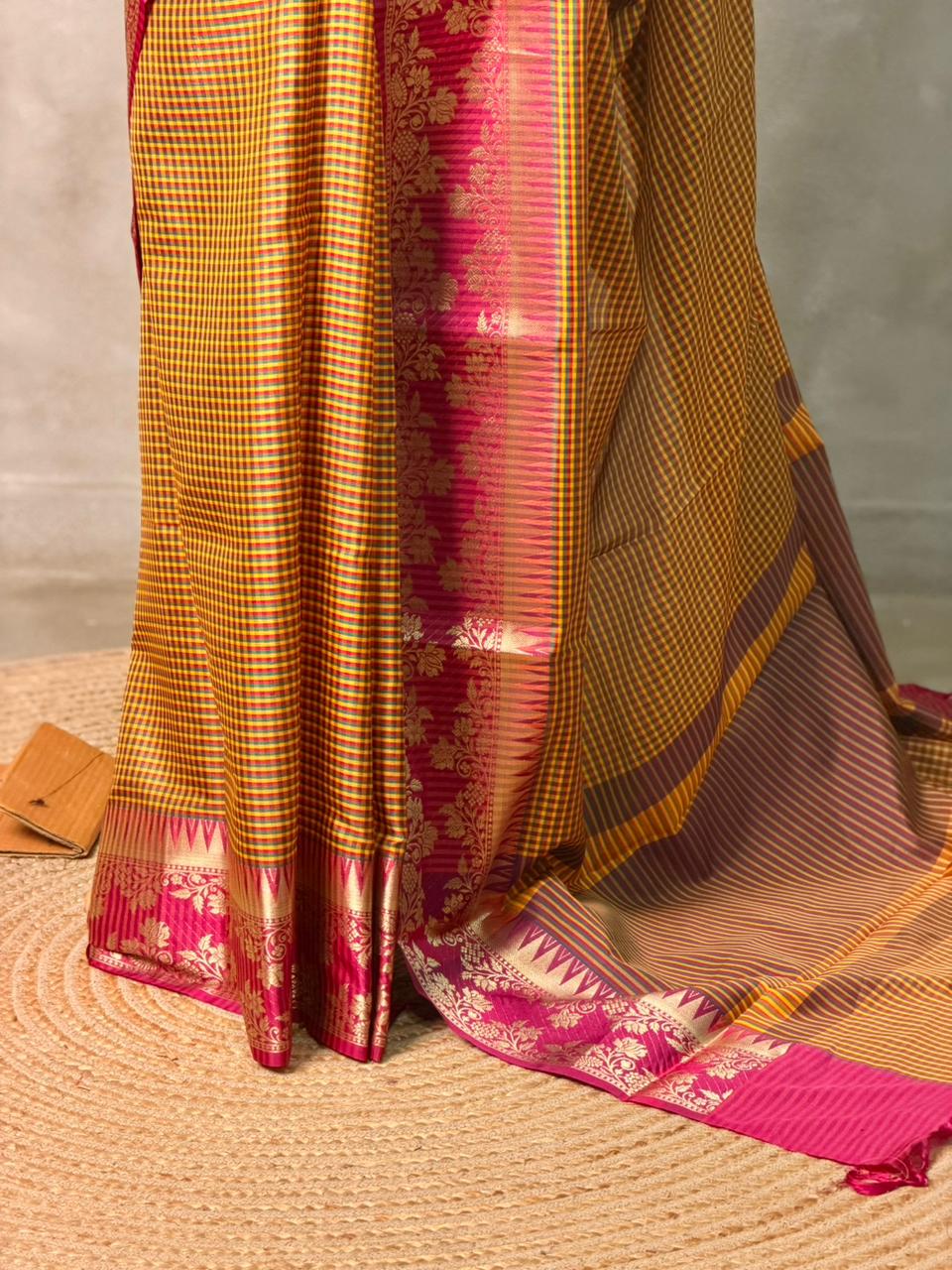 Mustard yellow and Magenta semi silk saree - PFAZ15