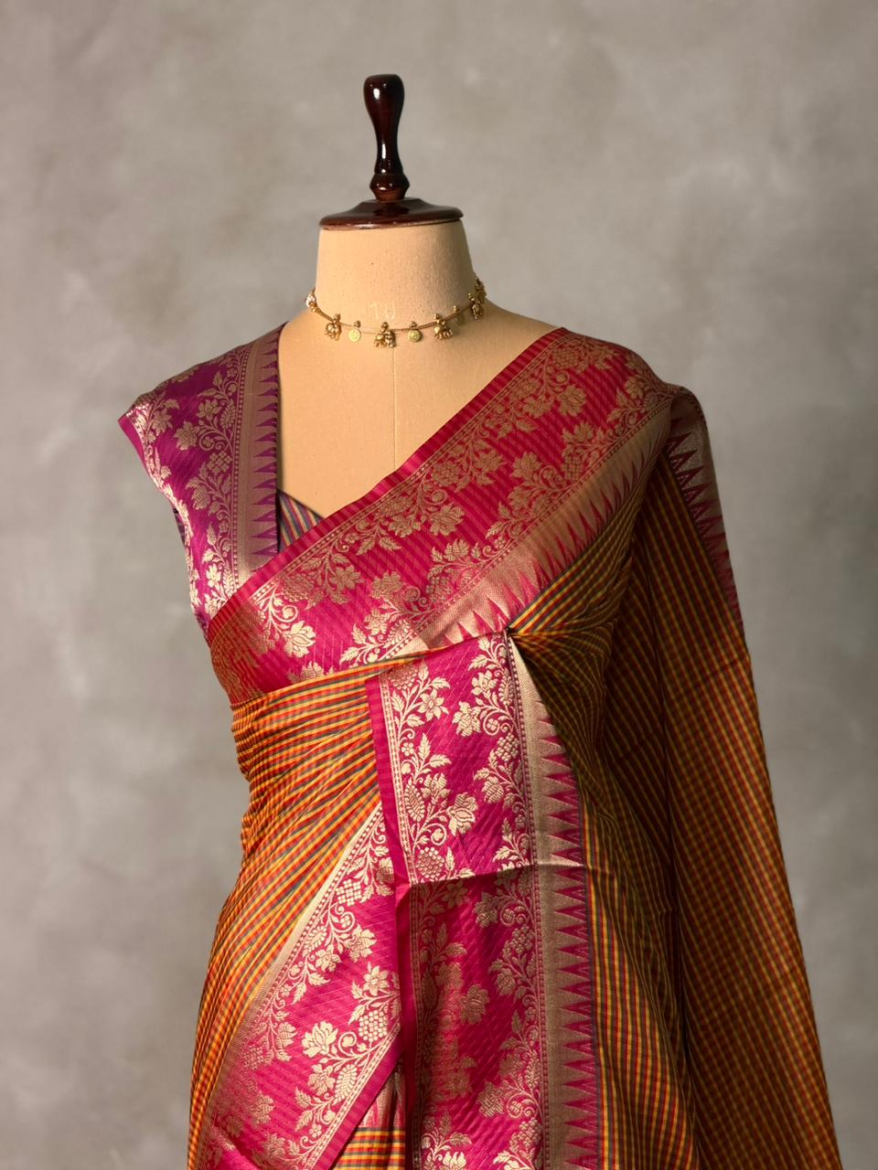 Mustard yellow and Magenta semi silk saree - PFAZ15A