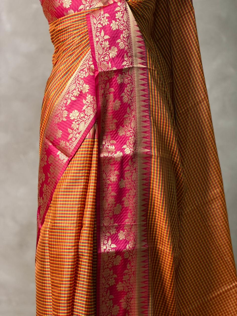 Mustard yellow and Magenta semi silk saree - PFAZ15A
